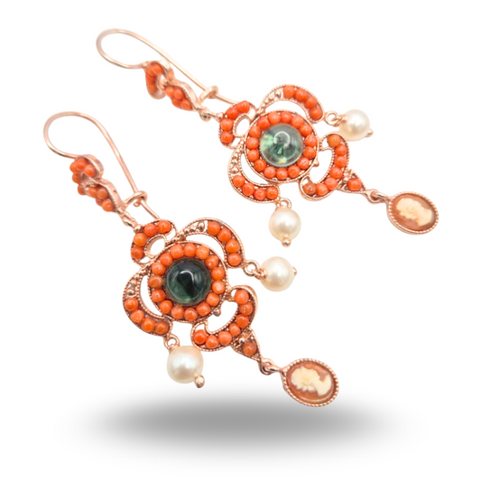 Boucles d'oreilles en Argent 925 rosé avec Perles et goutte de Corail Sciacca