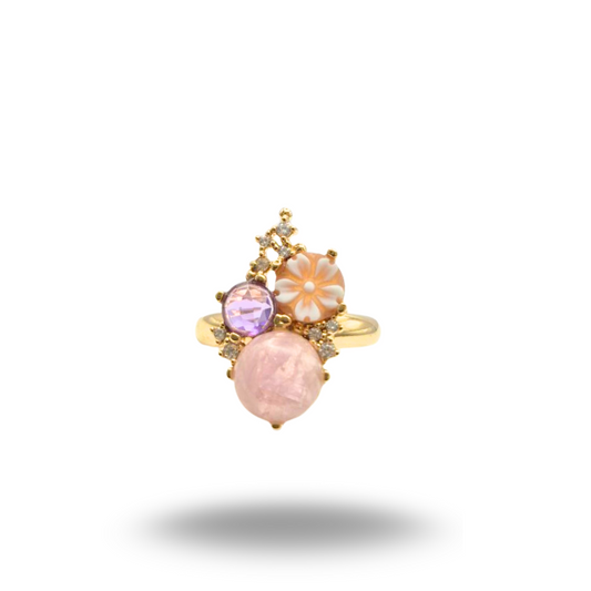 Anello in Argento 925 dorato con Cammeo, Quarzo rosa e Ametista, Modello Vanity