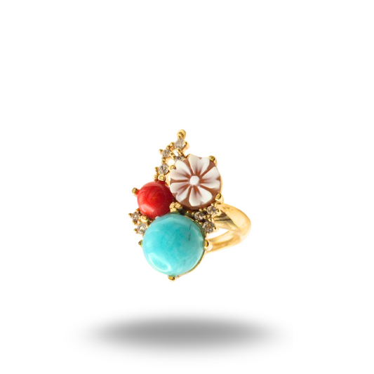 Anello in Argento 925 dorato con Cammeo, Amazzonite e Corallo, Modello Vanity