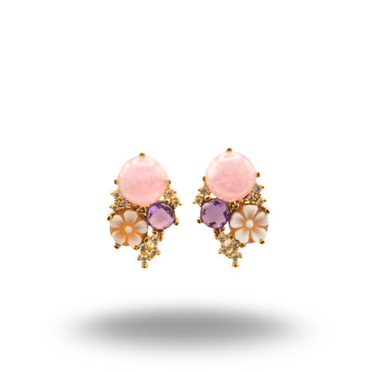 Orecchini in Argento 925 dorato con Cammeo, Quarzo rosa e Ametista, Modello Vanity
