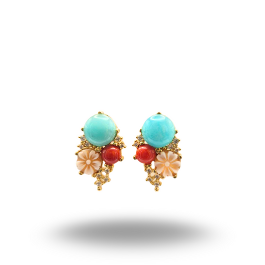 Orecchini in Argento 925 dorato con Cammeo, Amazzonite e Corallo, Modello Vanity