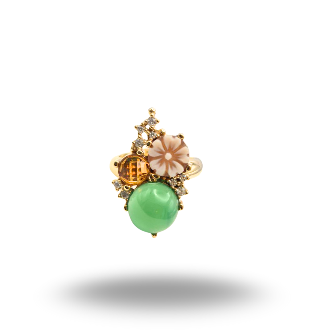 Anello in Argento 925 dorato con con Cammeo a fiore, Giada e Topazio giallo, Modello Vanity