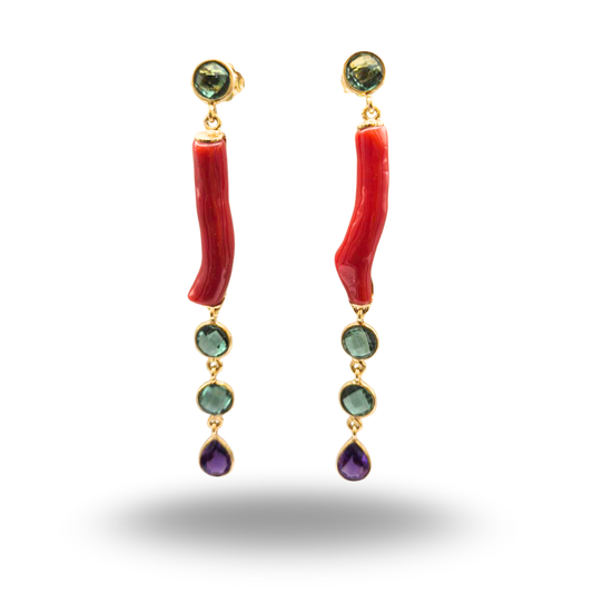 Orecchini in Argento 925 dorato con ramo di Corallo rosso e Quarzi colorati