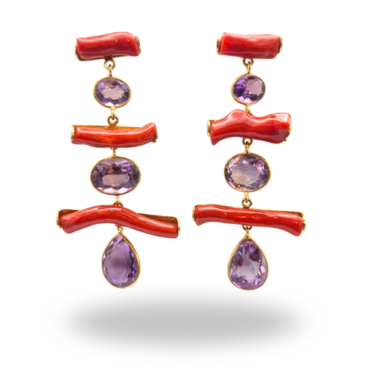 Orecchini in Argento 925 dorato con rami di Corallo rosso e Ametista