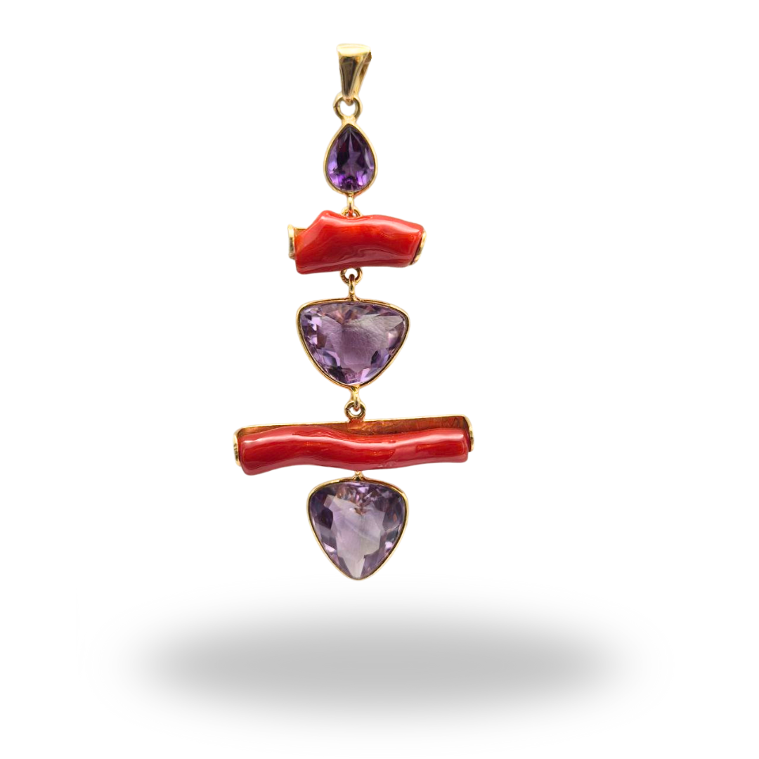 Ciondolo in Argento 925 dorato con rami di Corallo rosso e Ametista