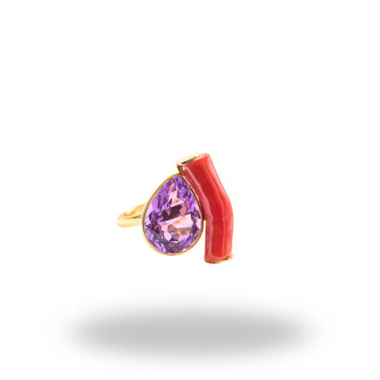 Anello in Argento 925 dorato con ramo di Corallo rosso e Ametista a goccia