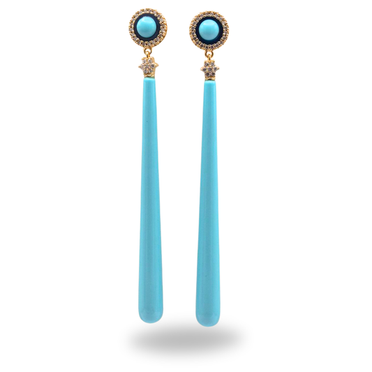 Orecchini in Argento 925 dorato con gocce lunghe in Bachelite turchese e bottoncino in Pasta di Turchese