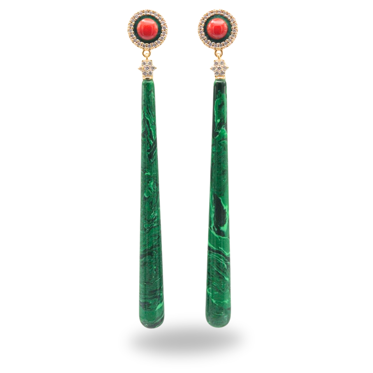 Orecchini in Argento 925 dorato con gocce lunghe in Bachelite Malachite e bottoncino in Corallo rosso