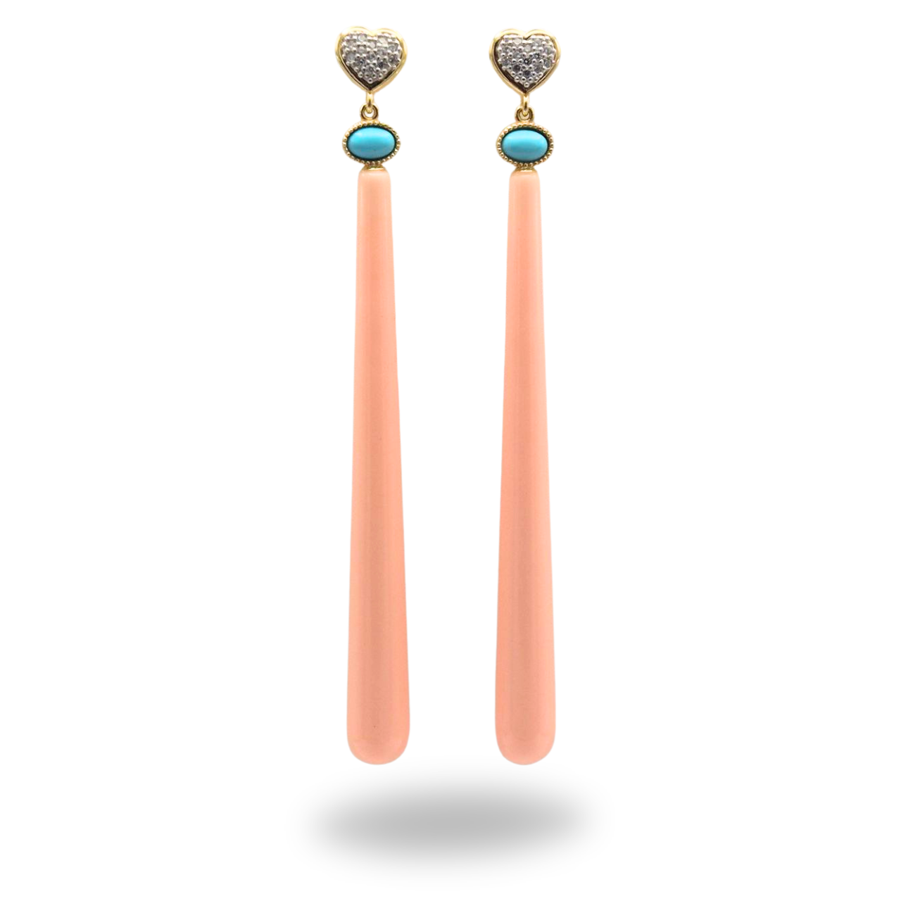 Orecchini in Argento 925 dorato con gocce lunghe in Bachelite rosa, spoletta in Pasta di Turchese e bottoncino a cuore zirconato