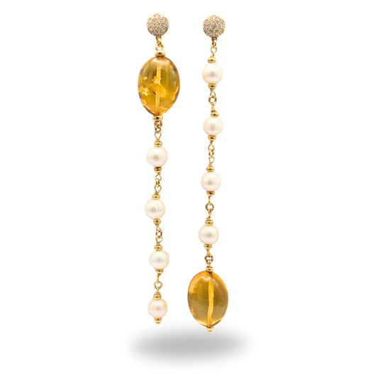 Earrings in golden 925 silver with green amber and pearls