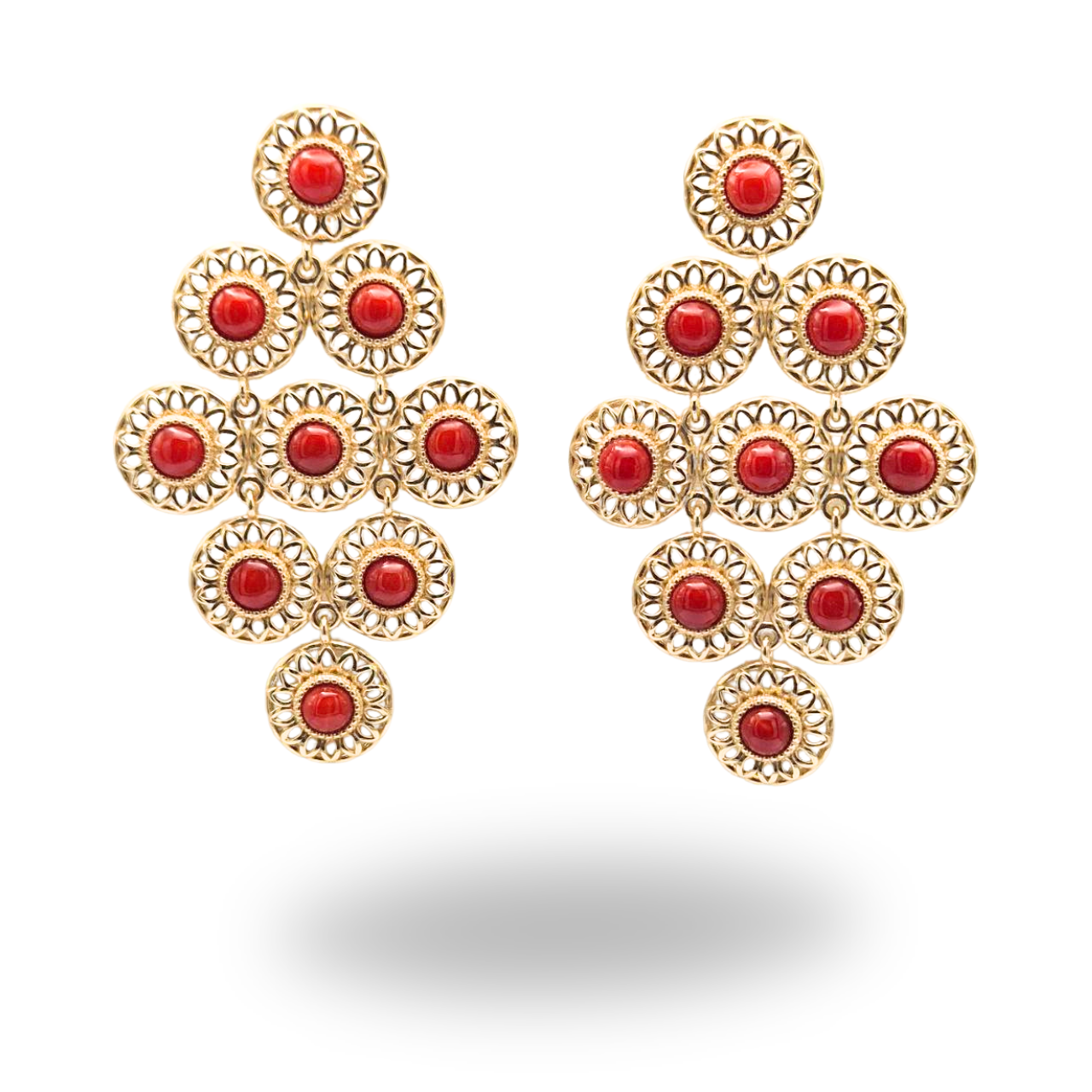 Orecchini in Argento 925 dorato a rombo effetto filigrana con spole in Corallo rosso Mediterraneo