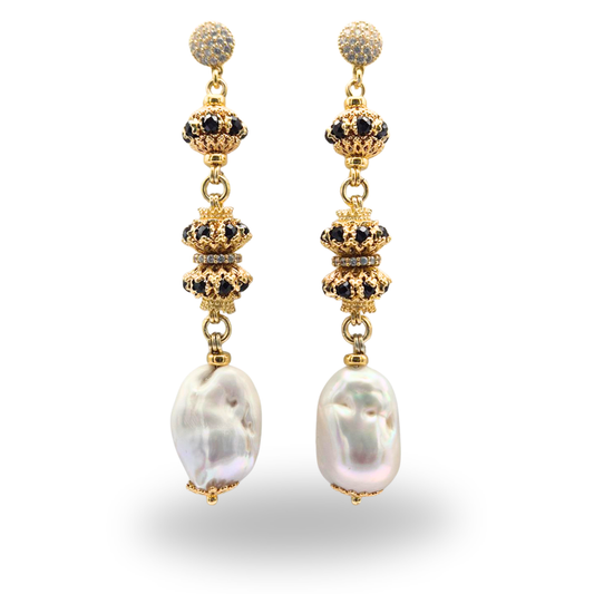 Orecchini in Argento 925 dorato con Perla scaramazza e mina Luxury in Spinelli neri