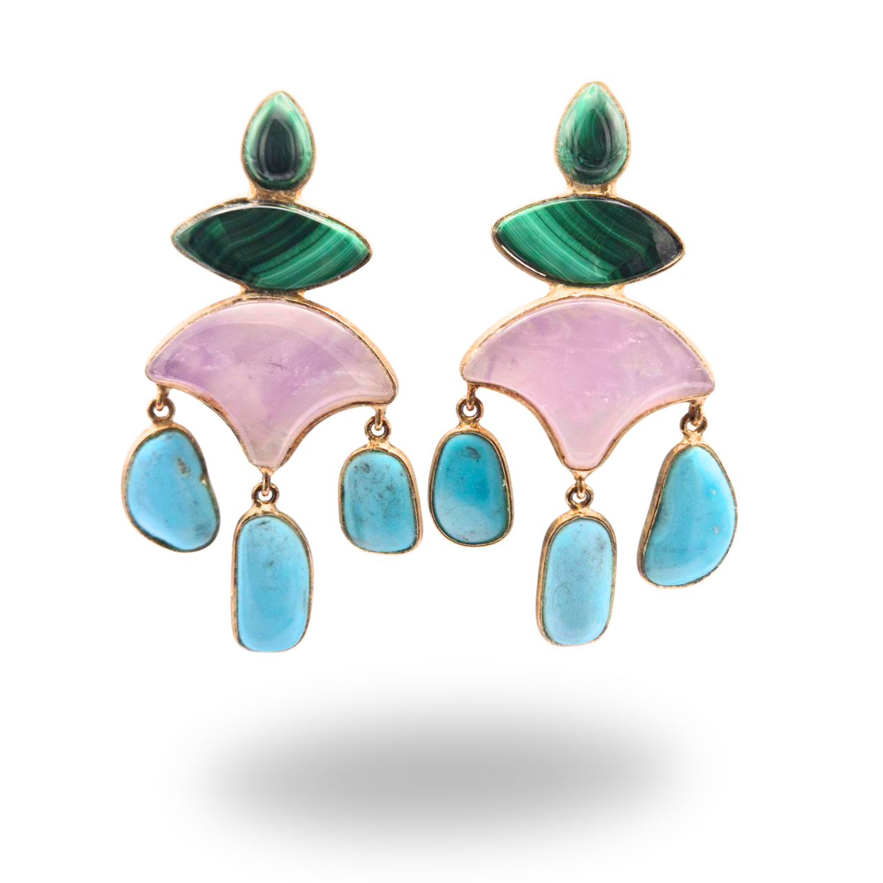 Orecchini in Argento 925 dorato con Malachite, Ametista e Turchese naturale