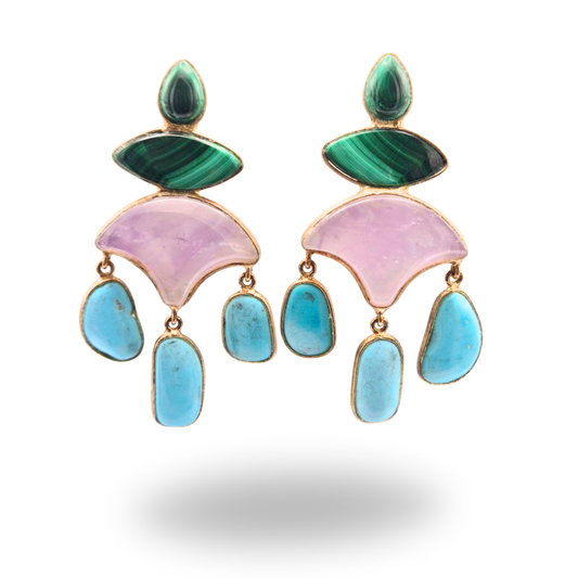 Orecchini in Argento 925 dorato con Malachite, Ametista e Turchese naturale