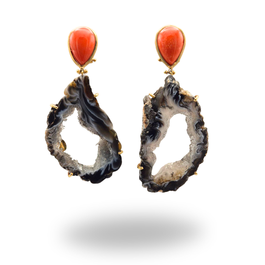 Orecchini in Argento 925 dorato con Corallo Cerasuolo e Geode di Agata