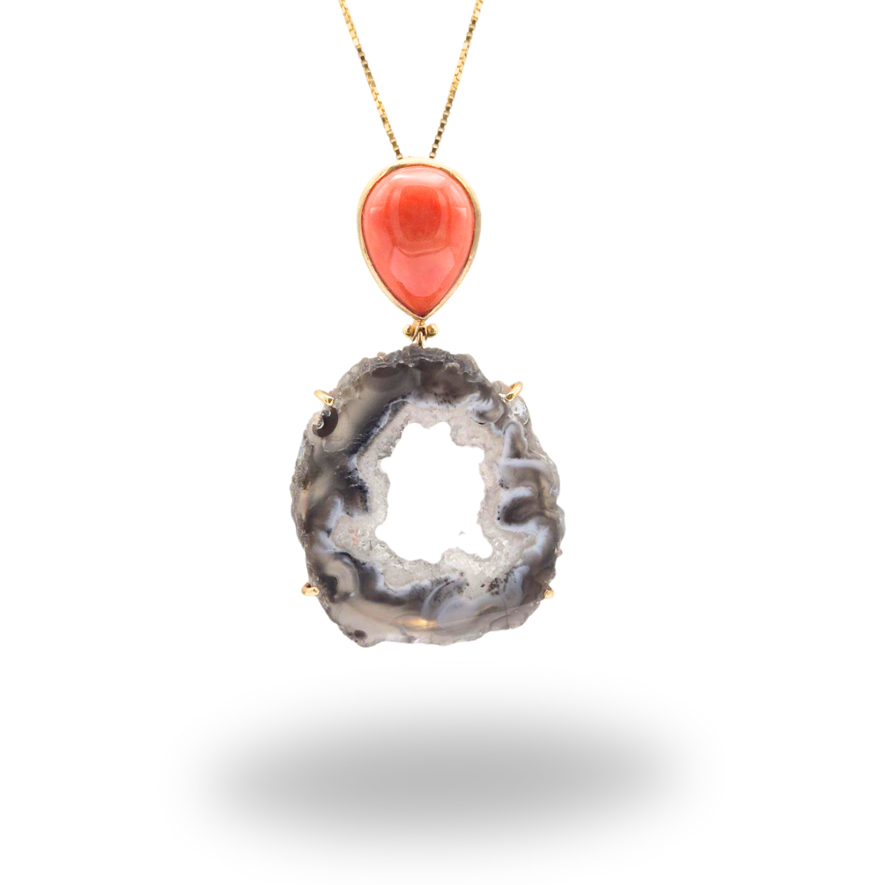 Ciondolo in Argento 925 dorato con Corallo Cerasuolo e Geode di Agata