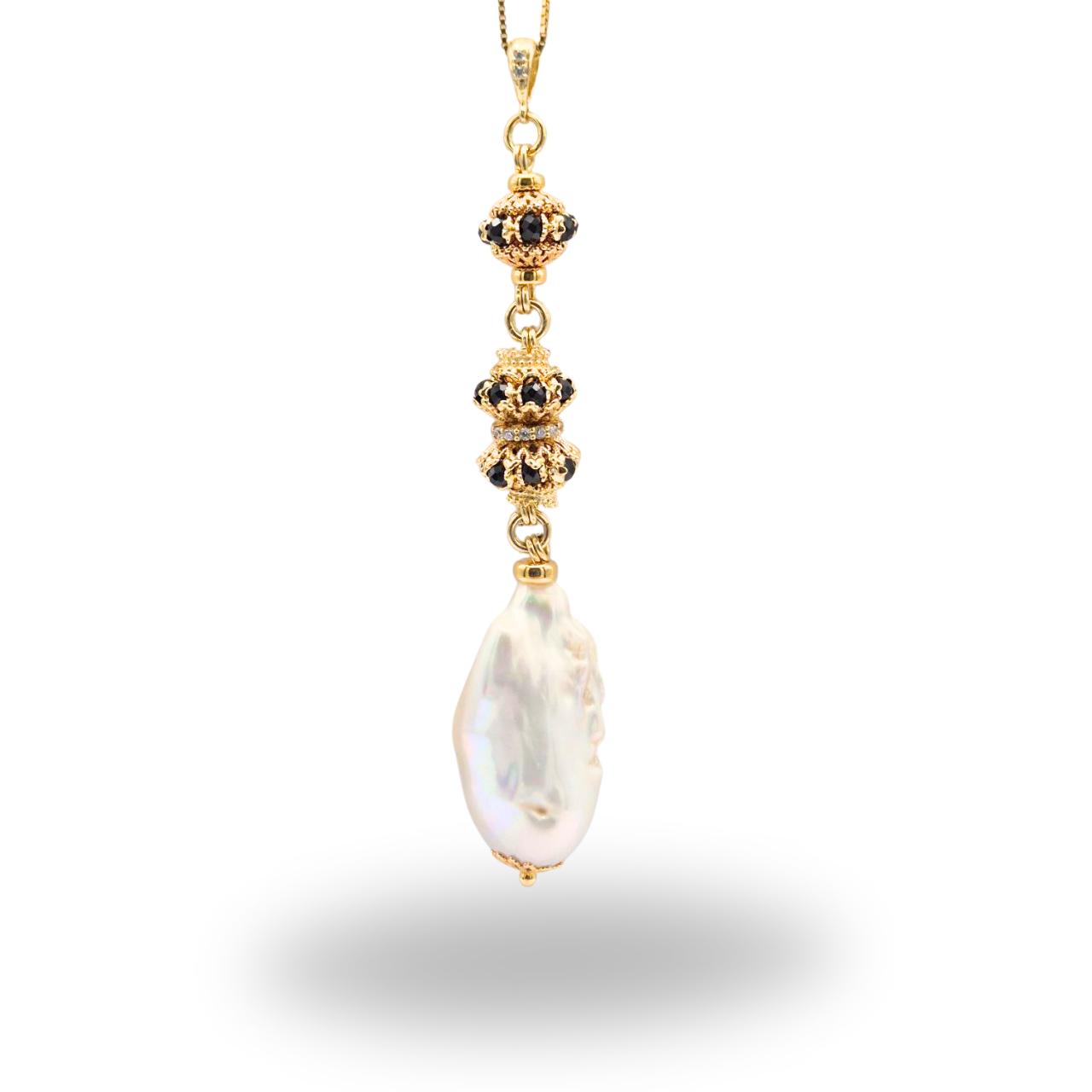 Ciondolo in Argento 925 dorato con Perla scaramazza e mina Luxury in Spinelli neri