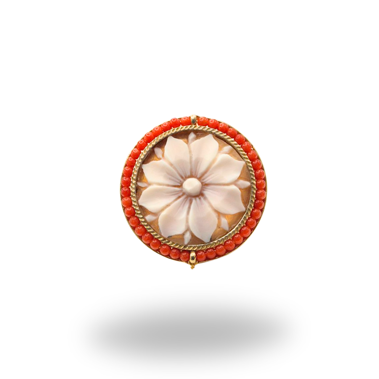 Anello in Argento 925 dorato con Cammeo floreale su Sardonica e giro in Corallo Rosso Mediterraneo