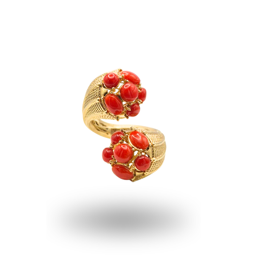 Anello contrariè in Argento 925 dorato effetto filigrana con spole di Corallo rosso Mediterraneo