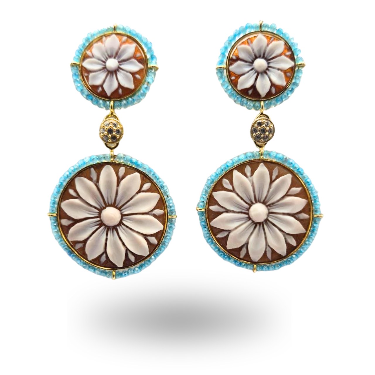 Orecchini in Argento 925 dorato con doppio Cammeo floreale su Sardonica e giro in Topazio azzurro