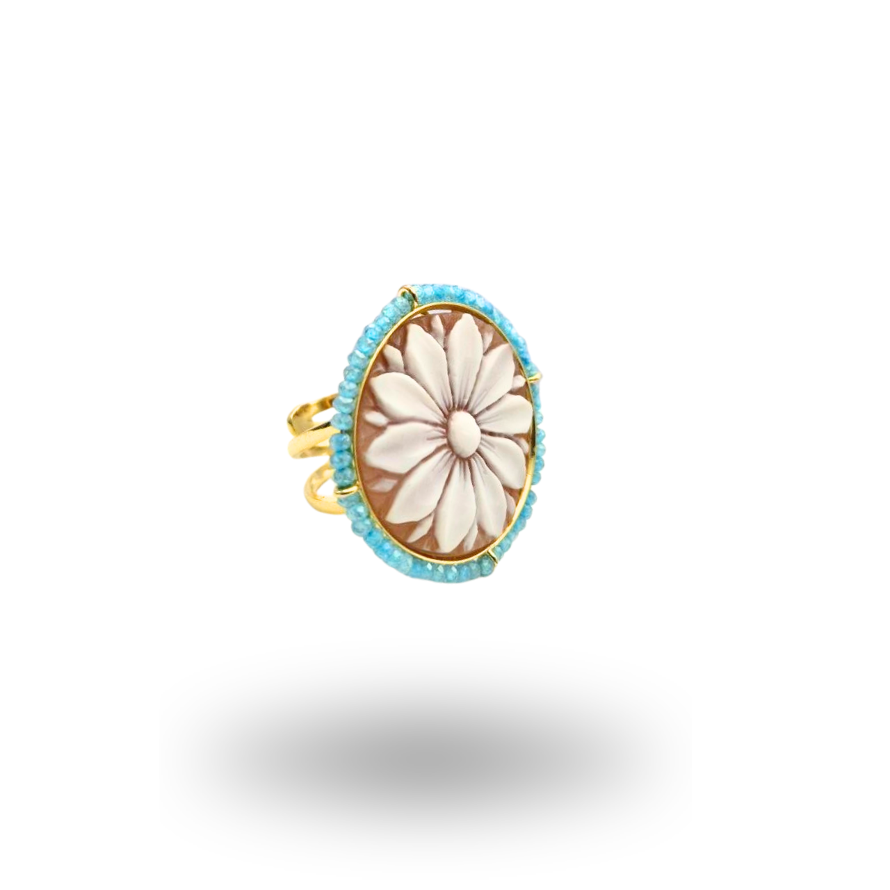 Anello in Argento 925 dorato con Cammeo floreale su Sardonica e giro in Topazio azzurro