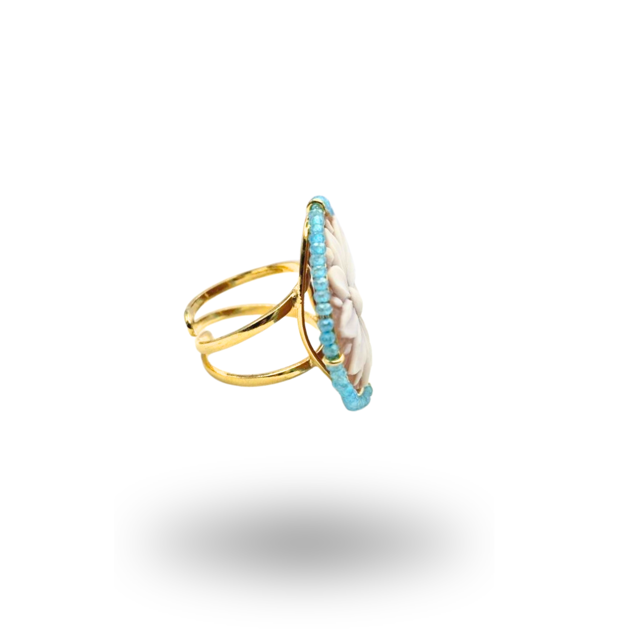 Anello in Argento 925 dorato con Cammeo floreale su Sardonica e giro in Topazio azzurro