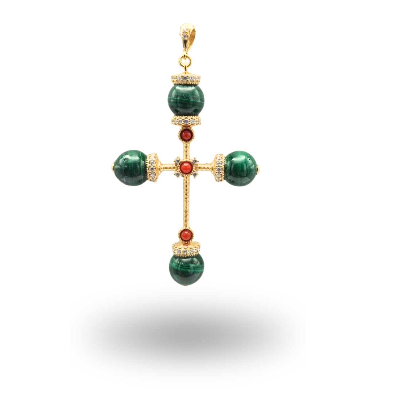 Croce in Argento 925 dorato a bulbo con sfere di Malachite e Corallo rosso Mediterraneo