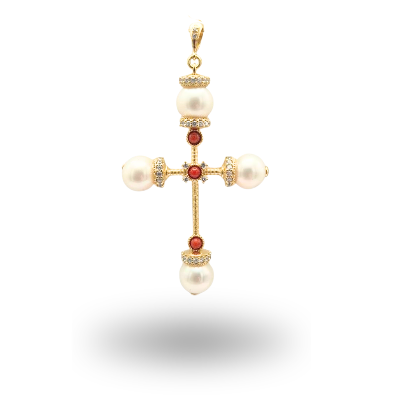 Croce in Argento 925 dorato a bulbo con Perle e Corallo rosso Mediterraneo
