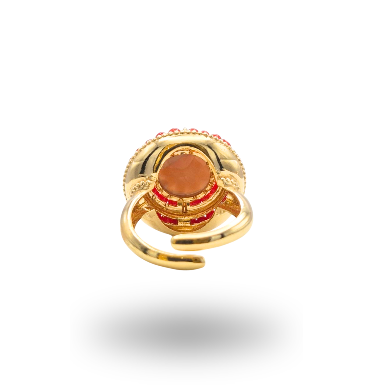 Anello in Argento 925 dorato con piccolo Cammeo floreale su Sardonica e doppio giro in Corallo Rosso Mediterraneo