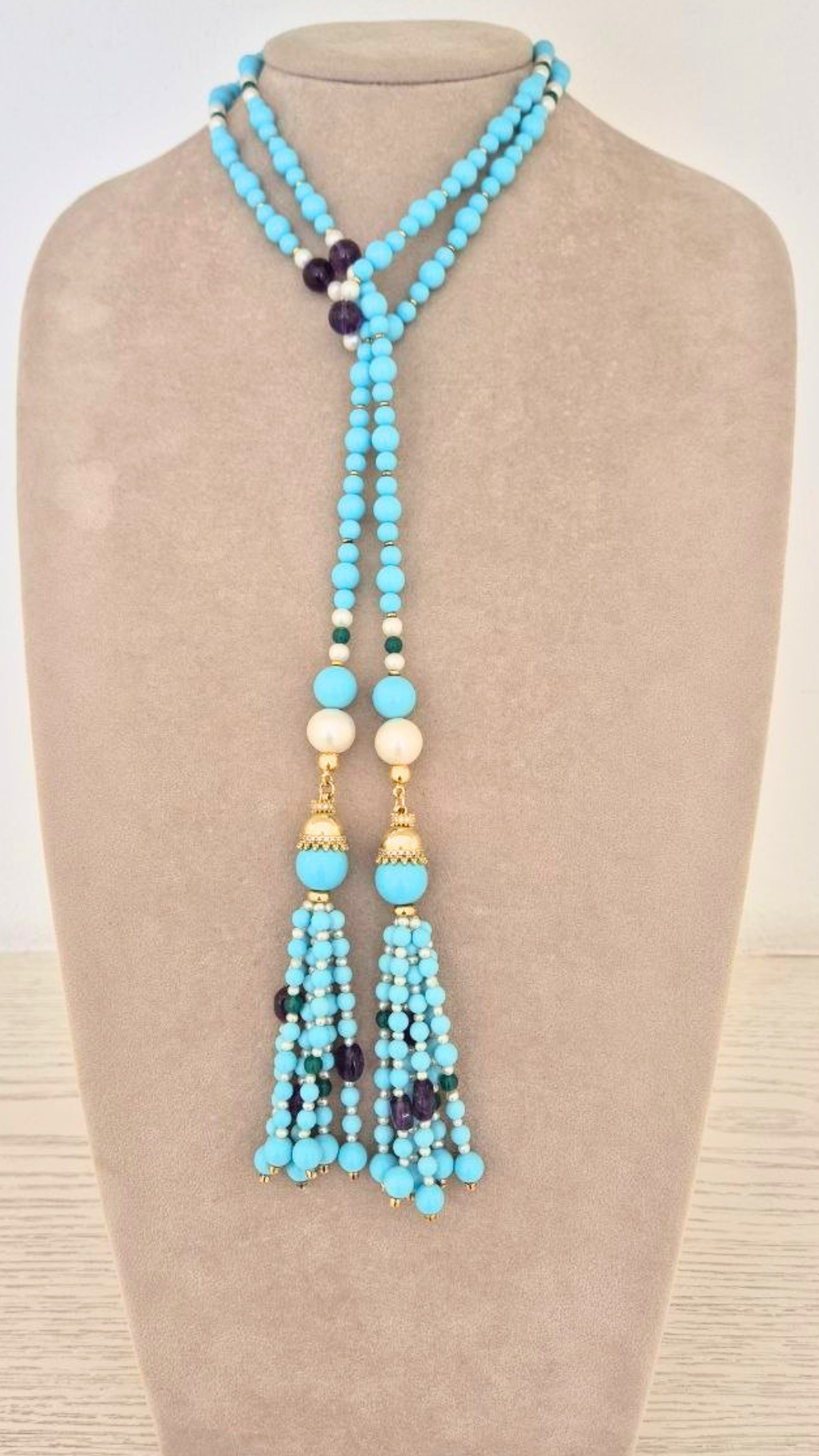 Collana in Pietre Naturali con Pasta di Turchese, Ametista, Giada e Perle, montata in Argento 925 dorato