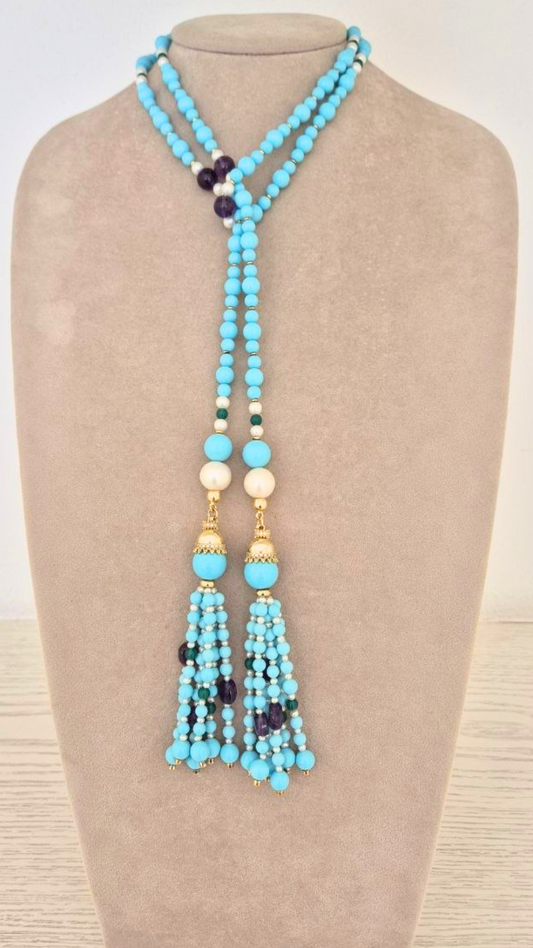 Collana in Pietre Naturali con Pasta di Turchese, Ametista, Giada e Perle, montata in Argento 925 dorato