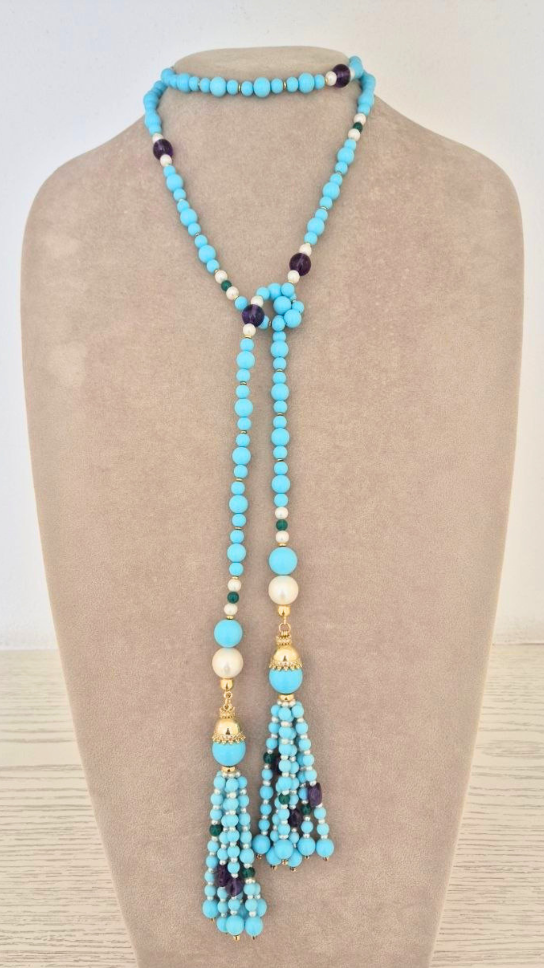 Collana in Pietre Naturali con Pasta di Turchese, Ametista, Giada e Perle, montata in Argento 925 dorato