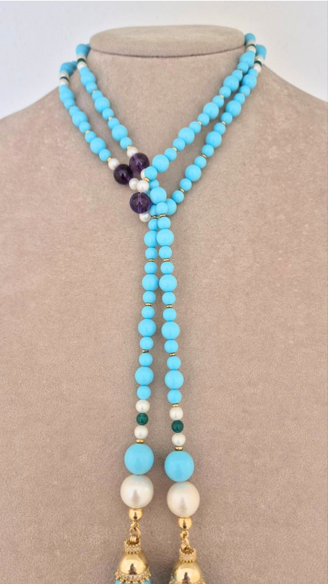 Collana in Pietre Naturali con Pasta di Turchese, Ametista, Giada e Perle, montata in Argento 925 dorato