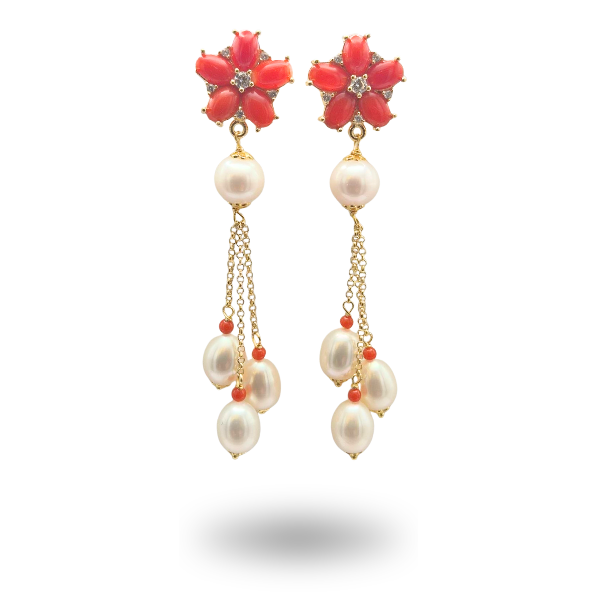 Orecchini in Argento 925 dorato con fiore in Corallo salmonato, Perle e Giada