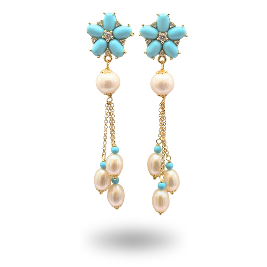 Orecchini in Argento 925 dorato con fiore in Pasta di Turchese e Perle