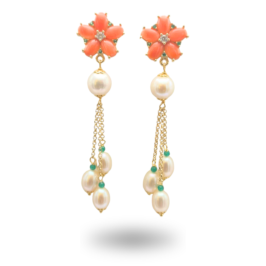 Orecchini in Argento 925 dorato con fiore in Corallo salmonato, Perle e Giada