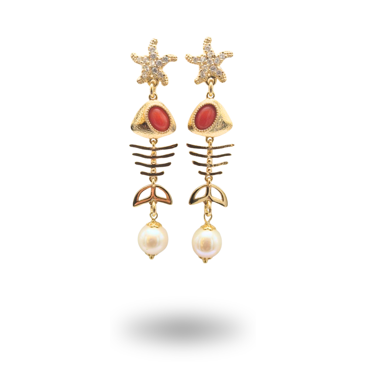 Orecchini in Argento 925 dorato a lisca di pesce, con Perla e spola in Corallo rosso Mediterraneo