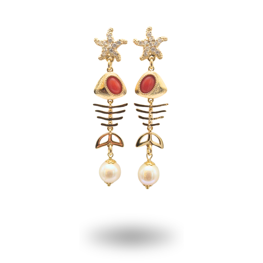 Orecchini in Argento 925 dorato a lisca di pesce, con Perla e spola in Corallo rosso Mediterraneo