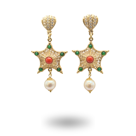 Orecchini in Argento 925 dorato a stella marina, con Perla, Giada e spola in Corallo rosso Mediterraneo