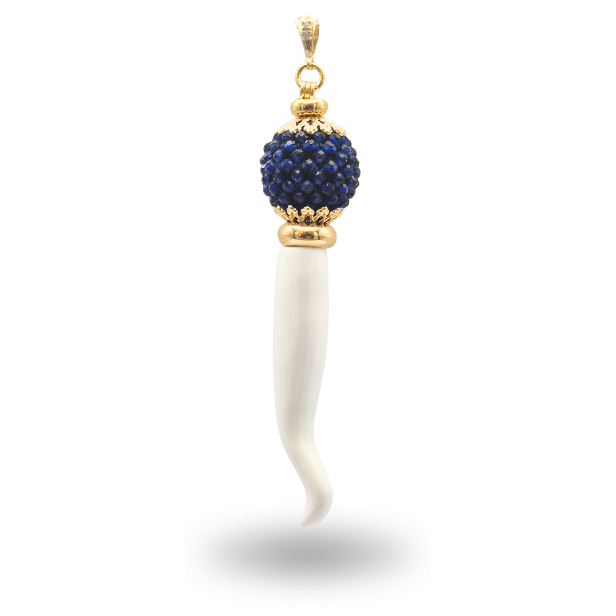 Ciondolo in Argento 925 dorato con Corno in Pasta di Agata bianca e sfera in Lapis lavorazione tessito