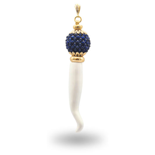 Ciondolo in Argento 925 dorato con Corno in Pasta di Agata bianca e sfera in Lapis lavorazione tessito