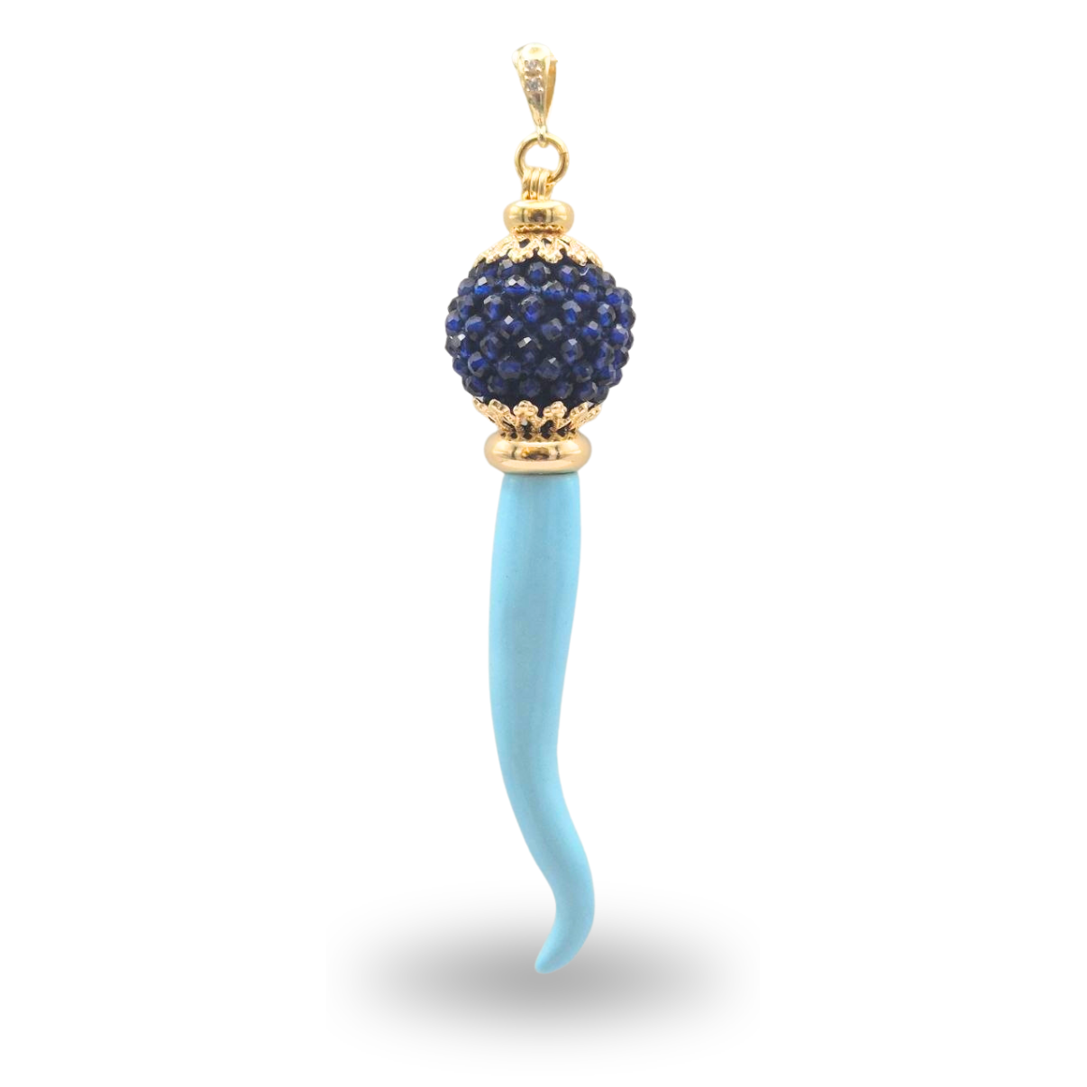 Ciondolo in Argento 925 dorato con Corno in Pasta di Agata bianca e sfera in Lapis lavorazione tessito