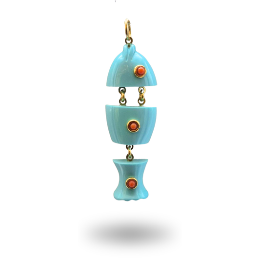 Ciondolo in Argento 925 dorato con Pesciolino in Bachelite e Corallo rosso Mediterraneo