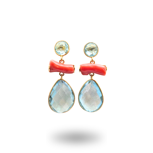 Orecchini in Argento 925 dorato con rami di Corallo rosso e Topazio azzurro