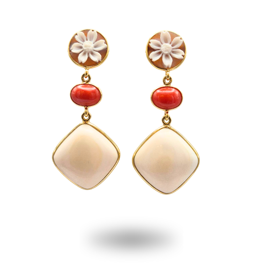 Orecchini in Argento 925 dorato con Corniola, Cammeo e Corallo rosso