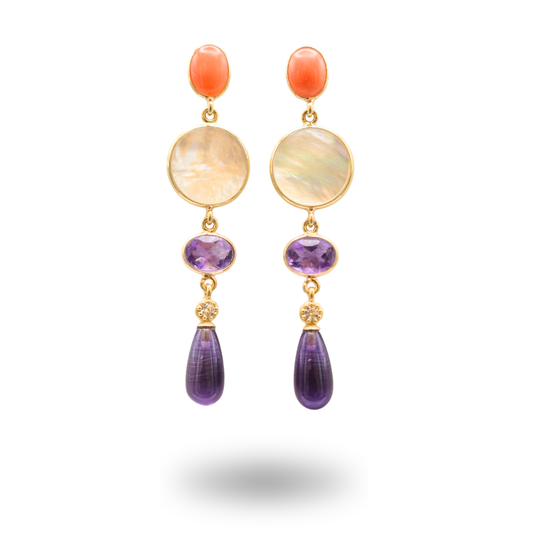 Orecchini in Argento 925 dorato con Corallo, Madreperla e Ametista con goccia finale