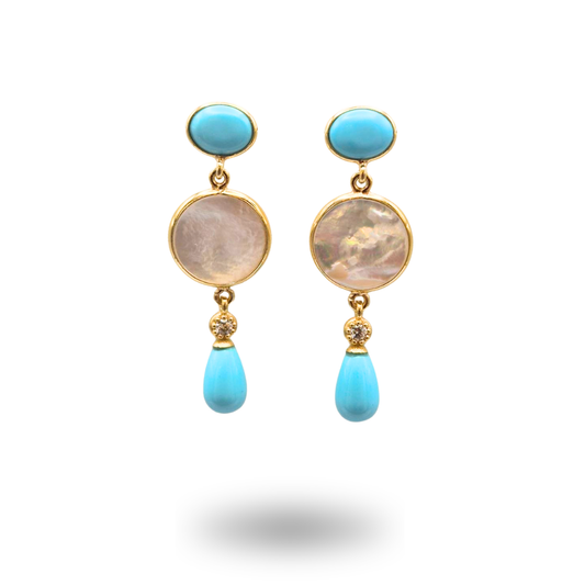 Orecchini in Argento 925 dorato con Turchese e Madreperla con goccia finale