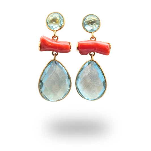 Orecchini in Argento 925 dorato con rami di Corallo rosso e Topazio azzurro