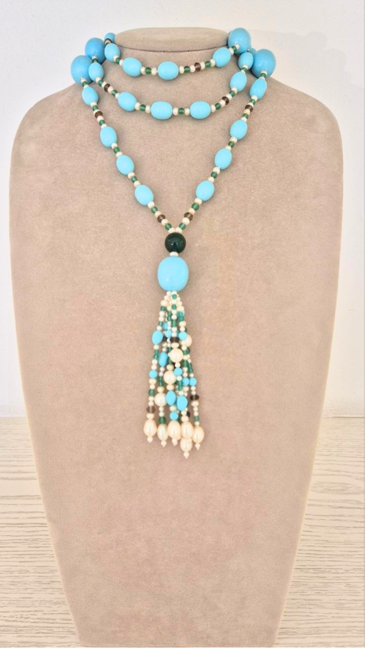 Collana in Pietre Naturali con Pasta di Turchese, Giada, Quarzo fumè e Perle