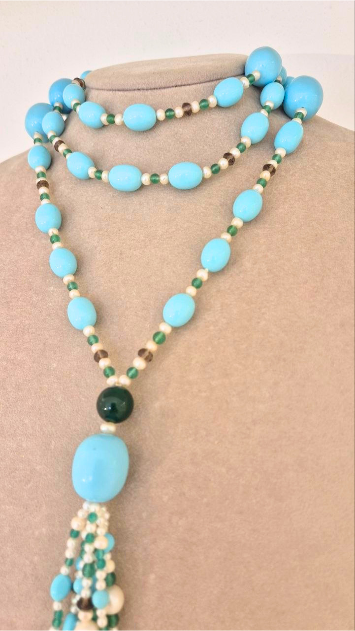 Collana in Pietre Naturali con Pasta di Turchese, Giada, Quarzo fumè e Perle